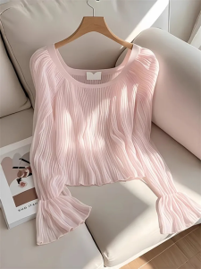 Pink Long Sleeve Bell Bottom Shirt Womens Early Autumn New Style French High-End Unique Beautiful Chiffon Top Korean Loose Fit