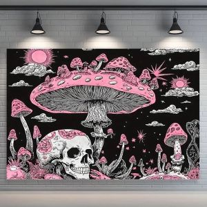 Tấm Thảm Treo Tường Hình Nấm Hồng & Đầu Lâu Đen VIKAMA Phong Cách Psychedelic Mây Trời Thẩm Mỹ Indie Trang Trí Phòng Ngủ Ký Túc Xá