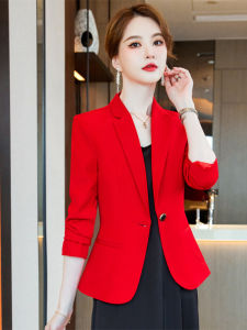 Red Slim Fit Short Suit Jacket Womens Fashionable Spring Autumn Professional Style One Button Closure Long Sleeve Polyester