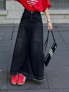 High Waist A-Line Long Midi Skirt Womens Stylish Spring Autumn Black Grey Denim Vintage American Loose Fit Hip Concealing