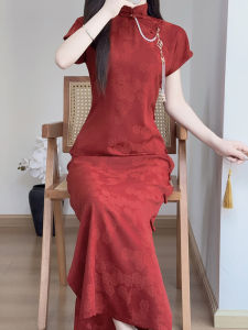 Red Full-Length Mandarin Collar Cheongsam Vintage Style Bridal Gown Polyester Fiber Short Sleeve Long Qun for Daily Wear