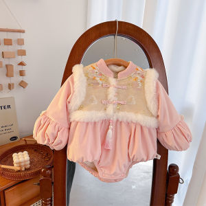 New 2024 Winter Clothes Fleece Lined Baby Romper Baby Girl Clothes Infant Bottom Covering Clothes Adorable Chinese Style Cotton Blend Fabric