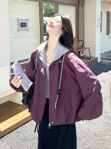 Loose Fit Korean Style Hooded Jacket Womens Purple Color Block Casual Coat Fake Two-Piece Design Autumn Season Fashion