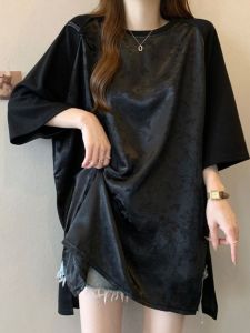 Plus Size Ladies Extra Large Size 150.00kg New Chinese Style Split Short-Sleeved T-shirt Womens Summer Thin Loose National Style Jacquard Casual Tops