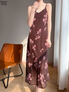 BALANYANG | Đầm Chiffon In Hình Dây Đeo V-Neck Phong Cách Pháp