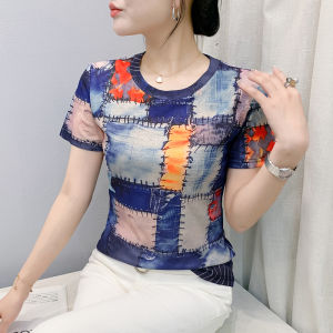 REHIN Summer Fashion Unique Color Block Print Round Neck Short Sleeve T-Shirt Slim Fit Womens Top (S-3XL)