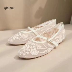 เย็บปักถักร้อยเพิร์ลตาข่ายบัลเล่ต์แฟลตผู้หญิงแฟชั่น Hollow รอบ Toe แบนรองเท้าแตะสบายเข็มขัดหัวเข็มขัด Mary Jane รองเท้า