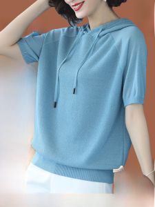 [Genuine Product Clearance] High-End Mulberry Silk Hooded Short Sleeve T-Shirt Womens Summer New Arrival Loose Silk Knitwear Tide