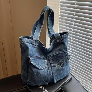 Trendy Large Capacity Canvas Tote Bag Casual Single Shoulder Student Class Bag Korean Style Handbag Soft Foldable Zipper Closure