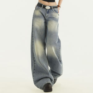 Retro American Wide Leg Denim Jeans Womens Loose Floor-Length Trousers Spring 2025 New Design Sense Back Pocket Casual Pants