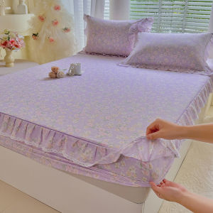 100% Cotton Floral Printed Ruffled Fitted Sheet Lace‑Trim Deep Pocket Bed Cover Soft Breathable Bed Skirt‑Style Fitted Sheet