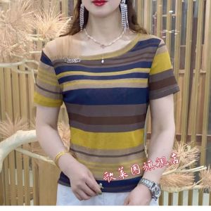 Fashionable Mesh Splice Short Sleeve T-Shirt Womens Slim Fit Elastic Summer Top Stylish Commute Classic Pattern round Neck