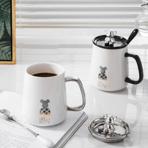 Popular Cartoon Bear Mug with Lid and Spoon Set Large Capacity Luxury Couple Mug