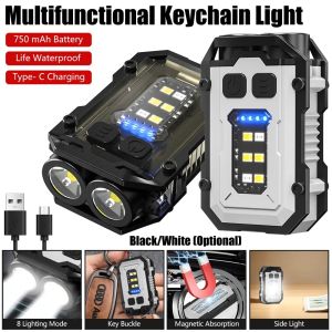 New LED Keychain Light Dual Light Mini Flashlight USB Charging Cap Clip Light Outdoor Camping Fishing Emergency Work Lights