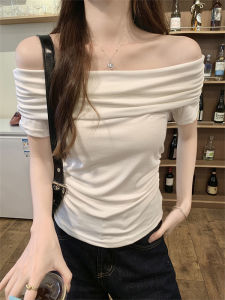 BINKAFENNY | Pure Desire White One Shoulder Knitted Long Sleeve T-Shirt Women Summer Waist Cinch Fold Design Sense Shoulder Exposure Short Top