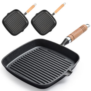Cast Iron 7.4/9.1/9.25 Inch Steak Grill Pan Non-Stick Square Skillet with Wooden Handle for Indoor & Outdoor Grilling