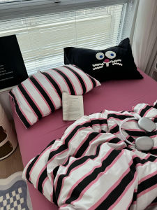 Soft Washed Cotton Four-Piece Set Korean Style Dopaamine Fun Green Black Stripe Towel Embroidery Student Bedding Set Three-Piece