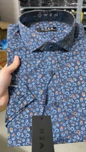 OWEN SALE - Áo Sơ Mi Owen Tay Ngắn Màu Xanh Navy Cam Đất Họa Tiết Hoa Văn Form Body Fit Lai Ngang Chính Hãng