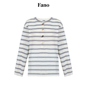 Fano | Áo Thun Sọc Dài Rộng Nút Sừng Phong Cách Retro