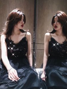 Summer New UMI22 Sequin Mesh Splice Strap Backless Tie Dress Birthday Party Black Dress High Waist V-Neck Mid-Length Skirt