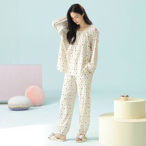 Victorias Pure Cotton Long Sleeve round Neck Home Clothes Set Ladies Casual Comfortable Sleepwear Sweet Style Printed Pattern