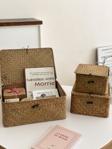 INS Style Japanese Style Desktop Storage Box Hand-Woven Coffee Table Snacks Sundries Storage Basket Straw with Lid Storage Basket