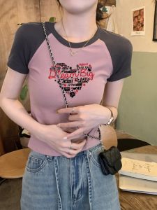 Áo Thun Tay Ngắn American Style Slim Fit Dành Cho Nữ Mùa Hè Thiết Kế Tay Lửng Cổ Tròn Màu Trơn Phong Cách Công Sở Áo Thun