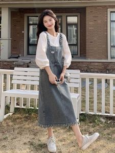 Womens Denim Overalls Set Loose Fit Casual Style High Waist A-Line Skirt Top Bottoms Two-Piece Outfit Autumn Early