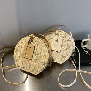 Little Meow Dabao Grass Weave Shoulder Bag for Women Casual Zipper Closure Pure Color Japan and South Korea Style Small Round Bag