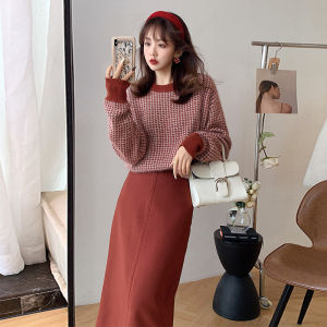 Red Plaid Knitted Sweater And Mini Skirt Set Festive Winter Outfit High-End Feel Half-length Skirt Ensemble for New Year