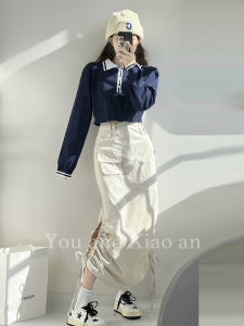 American Retro Workwear High Waist Loose Womens Skirt with Pockets A-Line Long Dress for Autumn Fashion plus Size