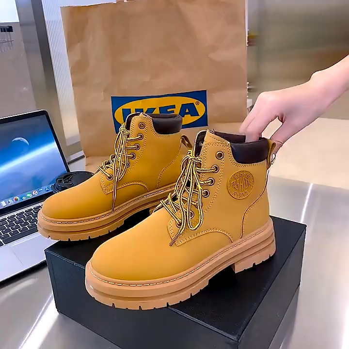 Mens Mortin boots 2025 new style high-top British style work boots thick sole non-slip wear-resistant bright yellow boots mens shoes.