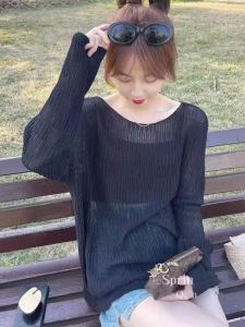 Ice Silk Knitted Long Sleeve T-Shirt Womens Loose Thin Style Fashionable Korean Version Solid Color round Neck Pullover Top