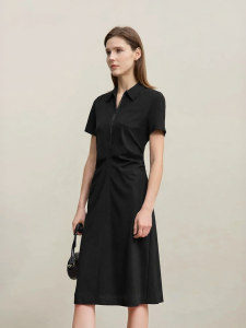 AMII | Summer New Casual Lapel Zipper Flounced Waist Dress