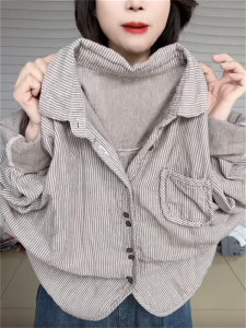 Blouses Outwear 2024 New Arrival Western Style Stripes Elegant Slim Looking Cotton and Linen Tops Temperament Wild Slimming Slim Fit