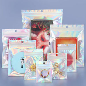100Pcs/Pack Small Mylar Bags Laser Plastic Resealable Odor Proof Bag Holographic Pouch with Clear Front for Multipurpose Storage