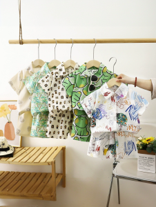 Summer New Childrens Short Sleeve Set Beach Boys Shirt Girls Outfit Polyester Fiber Breathable Moisture Wicking Korean Style