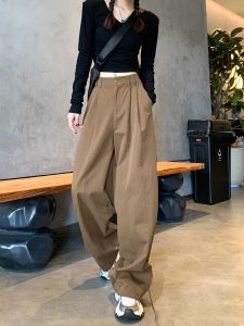 Quần Ống Rộng Lưng Cao Màu Nâu Phong Cách Mỹ Thường Ngày Cho Nữ Mùa Thu Cỡ Nhỏ Quần Ống Rộng Rộng Rãi Thoải Mái Rộng Rãi