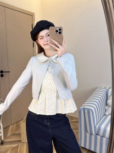 Sweet Youthful Star Print Doll Collar Long Sleeve Button up Cardigan Womens Fresh Color Block Fake Two-Piece T-Shirt Casual Style Cotton Blend