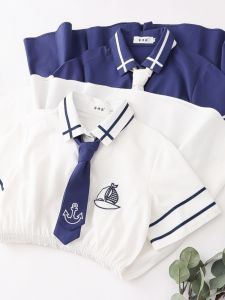 ชุดเดรสสั้นผ้าฝ้ายแขนสั้นเอวสูงสไตล์นักเรียนฤดูร้อนสำหรับผู้หญิง กระโปรงทรงเอ ผูกโบว์คอปกสีน้ำเงิน ทรงเข้ารูป กระโปรงสั้น