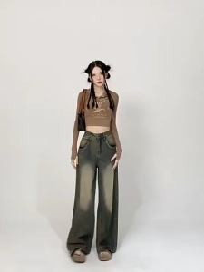 กางเกงยีนส์สีสนิม ทรงกระบอก สีสนิมเฟด ทรงกระบอกใหญ่ (๋D#3850)