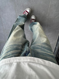 กางเกงยีนส์ทรงตรงขาบานสไตล์ย้อนยุคสำหรับผู้ชาย กางเกงขายาวทรงหลวมเอวสูง กางเกงยีนส์ทรงตรงสำหรับฤดูใบไม้ร่วงและฤดูหนาว