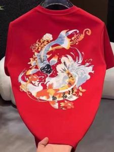 Red Wind T-Shirt Mens Short Sleeve Print Top Youth Fashion Breathable Casual Summer Shirt Lucky Carp Double Fish Design
