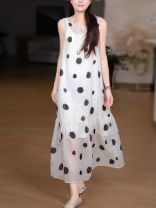 XIAOER | Đầm Chiffon Mật Độ Cao In Đốm Phong Cách Pháp Không Tay