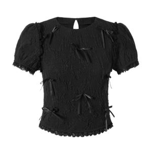 Chic Park Sweet Bubble Sleeve T-Shirt round Neck Butterfly Knot Short Sleeve Top Double Layer Embroidery Pleasing Texture Summer Fashion