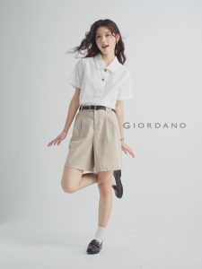 GIORDANO ผู้หญิง  เสื้อเชิ้ตผ้าป๊อปลินคอตตอน 100% ของ Shnirts เสื้อเชิ้ตแขนสั้น 4 กระดุม ทรงเรียบง่าย แฟชั่นฤดูร้อน ลำลอง 05345468