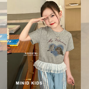 Mini Girls Short Sleeve T-Shirt Lace Patchwork Design Summer New Korean Style Childrens Clothing Soft Fabric round Neck Cartoon Pattern