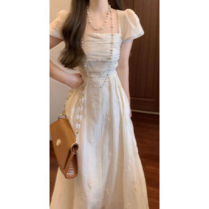 Summer 2026 Gentle Style Slimming Long Dress High Waist Short Sleeve A-Line Silhouette Embroidered Womens Fashion Dress