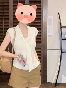 Ice Silk Knitted Short Sleeve T-Shirt Womens Summer Slim Fit V-Neck Shoulder Length Regular Style Commute Fashion Pure Color