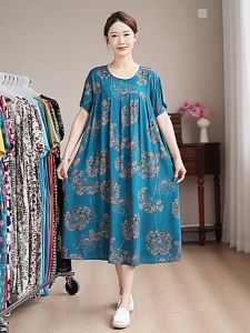 Oversize Floral Dress Cover Stomach Loose Mid Dress Women Casual Loose Retro Print Long Dress Plus Size L6006-03